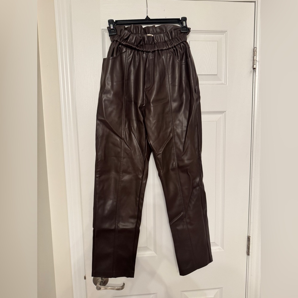 Elan Dark Brown Faux Leather Paperbag Waist Pants